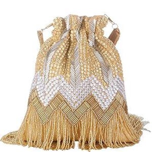 Golden Beaded Potli Bag with Pearls | Indian Wedding Clutch for Women | Handmade Ethnic Bridal Purse | Traditional Party Wear Potli Bag