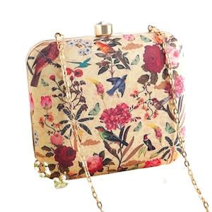 Floral Bird Print Clutch Bag – Botanical Hard Case Evening Purse with Gem Clasp | Vintage Boho Handbag with Gold Chain for Women