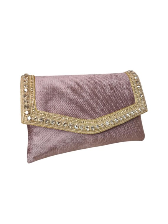 Blush Pink Velvet Evening Clutch Bag With Gold Mirror Trim  display picture 2