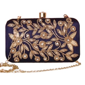 Navy Blue  Satin Clutch with Gold Bead Embroidery | Bridal Evening Bag | Wedding Party Purse with Chain | Bridesmaid Gift Accessory