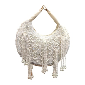 Pearl Beaded Shoulder Bag | Handmade Bridal Party Purse | Crystal Fringe Potli Bag | Indian Wedding Clutch | Ethnic Statement Handbag