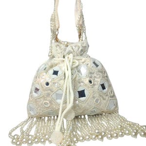 White potli collection Mirror Work Potli Bag with Pearl Tassels Handmade Bridal Pouch Indian Ethnic Wedding Purse Embroidered Festive Potli