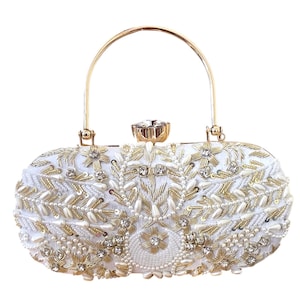 White Beaded Clutch Bag with Handle | Bridal Embroidered Purse | Pearl & Crystal Evening Bag | Handmade Indian Wedding Clutch | Party Potli