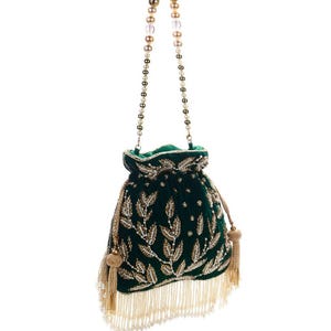green velvet Potli Bag for Women | Indian Bridal Clutch with Tassels | Handmade Ethnic Wedding Purse | Party Wear Potli Pouch
