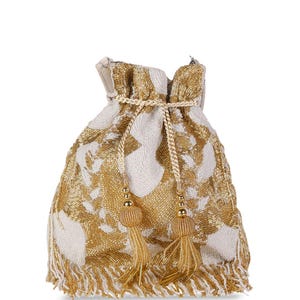 golden and wihte  Potli Bag for Women | Beaded Bridal Clutch Purse | Handmade Indian Wedding Bag | Ethnic Party Wear Potli