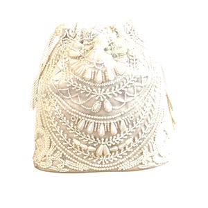 White Pearl Beaded Potli Bag – Bridal Wedding Drawstring Pouch | Handmade Indian Ethnic Purse for Bride, Bridesmaid & Party Wear