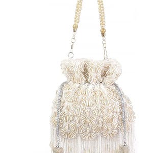 White Beaded Potli Bag for Women Handmade Bridal Clutch with Tassels  Ethnic Indian Purse for Wedding & Party Pearl Fringe Drawstring Pouch