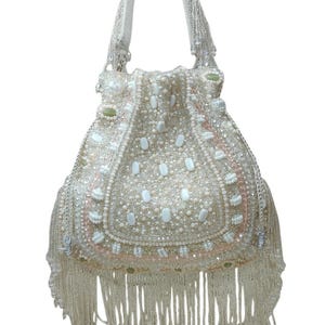 Sac à main en perles avec franges, sac à main de style bohème fait main, sac élégant en perles et cristaux, accessoires de mariage, sac à main de mariée, sac de soirée de luxe