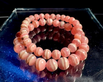 High Quality Rhodochrosite Stretch Bracelet, 7-8mm Round Beads-Heart Energy Activation, Passion, Emotional Renewal Crystal Energy