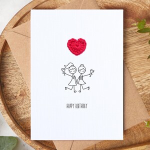 Happy Birthday Card – Crochet Heart with Celebrating Friends Illustration, A6 Greeting Card Embellished with Crochet Heart, For Best Friend
