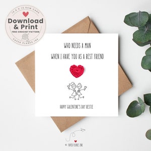 Cartão para impressão do Dia das Galentine | Presente das Galentines para uma amiga para ela | Melhor amiga | Padrão de coração de crochê | Download instantâneo em PDF