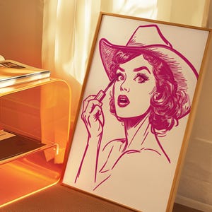 Glam Cowgirl Mascara Trendy Western Wall Decor Minimalist Lipstick Poster Mid Century Cowgirl Makeup Artist Poster Pink Cowgirl Illustration