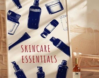 Pôster de itens essenciais para cuidados com a pele: decoração para salão de beleza, presente para esteticista