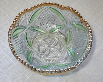 EAPG US Glass Pattee Cross 15112 Berry Fruit Bowl Green Flash Gold Gilt Rim 8"