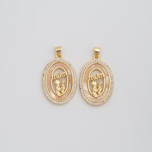 Pingente Fritillaria MOM de ouro, pingentes de letras ovais com zircônia cúbica preenchidas com ouro 18K, descobertas de joias DIY