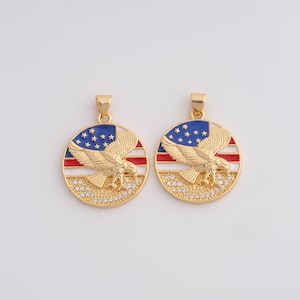 Gold CZ Bald Eagle Pendant,18K Gold Filled Enamel Flag Charms,DIY Jewelry Findings Making
