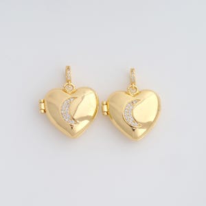 Gold CZ Crescent Moon Pendant,18K Gold Filled Heart Photo Frame Charms,DIY Jewelry Findings Making