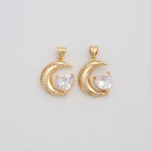 Gold CZ Crescent Moon Pendant,18K Gold Filled Heart Charms,DIY Jewelry Findings Making
