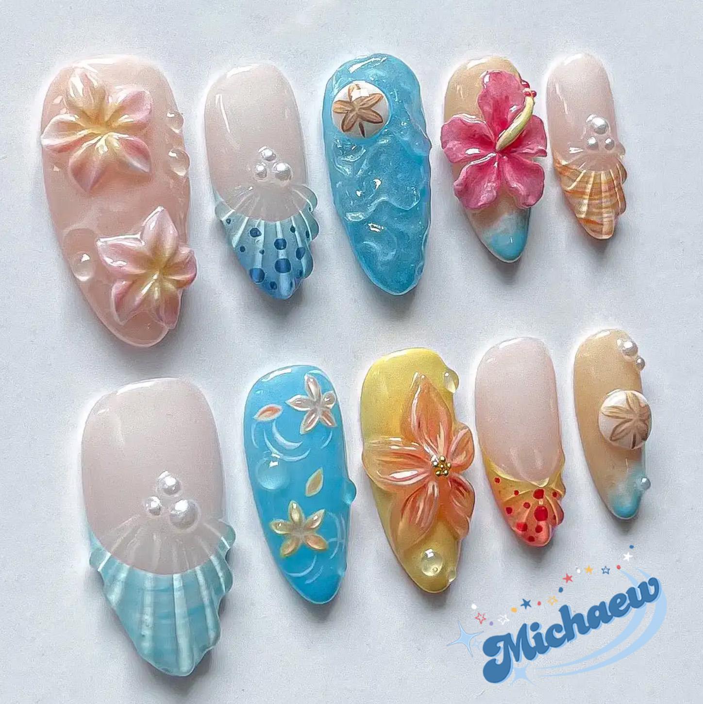 Tropical Beach Press On Nails, 3D Hibiscus, Plumeria & Seashell Nail Art Set, Handmade Summer Vacation Nails, Reusable Island Vibes Tips