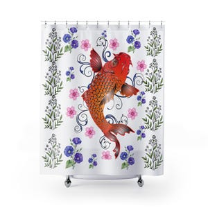 Bathroom Decor Koi Fish Shower Curtain, Japanese Floral Style, Wildlife Artwork,