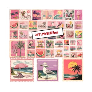 vintage Briefmarke png Retro Pink Sommer Clipart, 47 Vintage Briefmarken für Printable Crafts & Design-Projekte