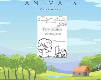 May include: A black and white coloring book with a farm scene on the cover. The title is "Farm Animals Coloring Book".