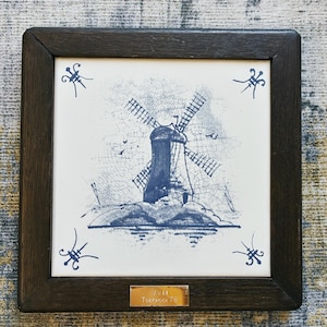 Vintage Delft Blue Dutch Ceramic Tile – Hand Painted Windmill Art, Holland Souvenir, Blue and White Wall Decor