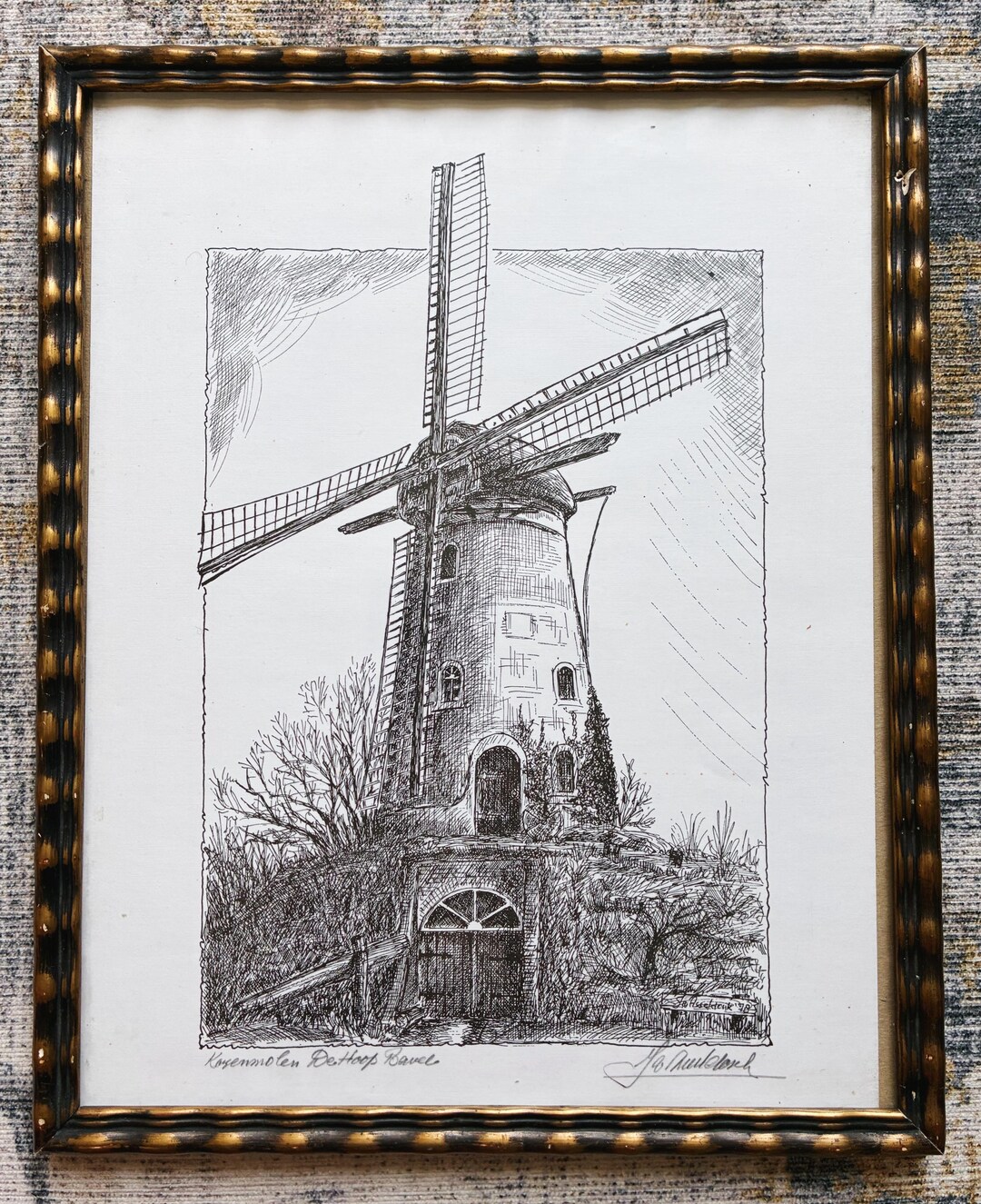 Vintage Dutch Windmill Ink Drawing – Signed 1987, Framed Black and ...