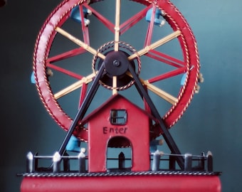 Vintage Ferris Wheel Music Box | Hand-Painted Metal Carnival Folk Art Decor