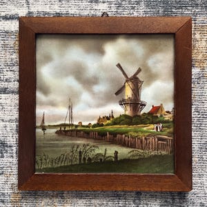 Vintage Mosa Holland Ceramic Tile with Wooden Frame – Dutch Windmill Scene
