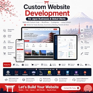 May include: A digital marketing graphic for custom website development services featuring a laptop, tablet, and smartphone displaying travel website interfaces. The design includes text, icons for technical features, and a background of Mount Fuji.