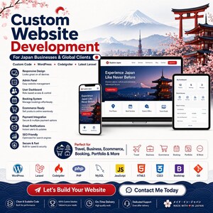 May include: A promotional graphic for custom website development services featuring a laptop, smartphone, and tablet displaying a travel website. The design includes text, icons, and logos for WordPress, Laravel, PHP, MySQL, JavaScript, HTML5, CSS3, and Bootstrap.