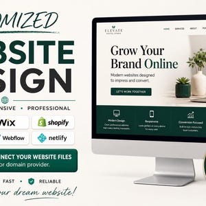 Puede incluir: Una pantalla digital que muestra un anuncio de servicios de diseño web con el texto CUSTOMIZED WEBSITE DESIGN. La pantalla muestra un portátil con el texto Grow Your Brand Online y logotipos de WordPress, Wix, Shopify, Squarespace, Webflow y Netlify. Una insignia circular enumera audiencias objetivo, incluyendo pequeñas empresas y emprendedores.