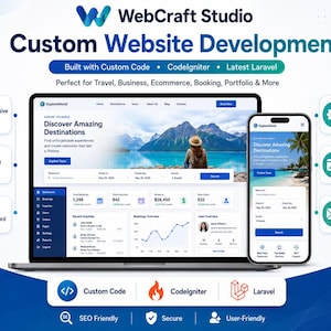 May include: A digital display showing a custom website development service by WebCraft Studio. The graphic features a laptop and smartphone screen showcasing a travel website interface with dashboards, booking systems, and responsive design icons.
