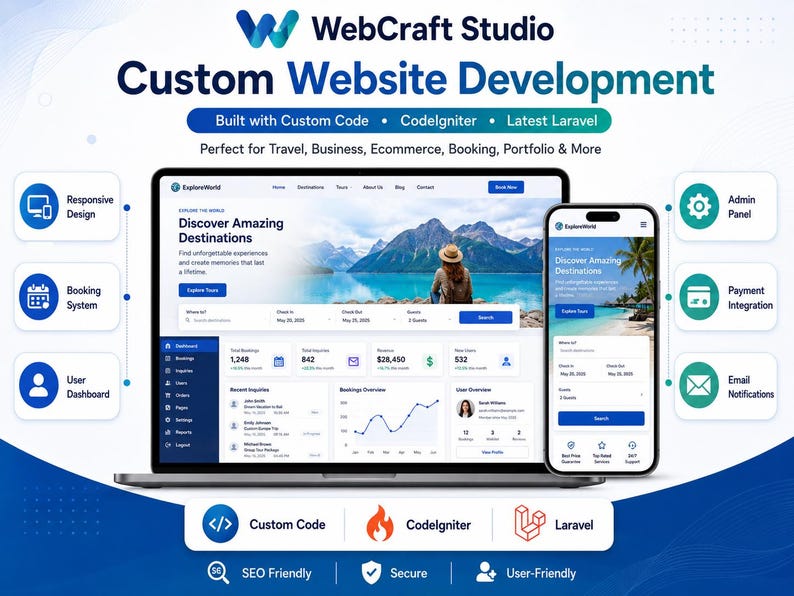 May include: A digital display showing a custom website development service by WebCraft Studio. The graphic features a laptop and smartphone screen showcasing a travel website interface with dashboards, booking systems, and responsive design icons.