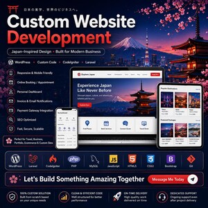 May include: A digital advertisement for custom website development services featuring a laptop, tablet, and smartphone displaying a travel website. The design includes Japanese-inspired imagery, technical icons, a list of features, and the text Let's Build Something Amazing Together.
