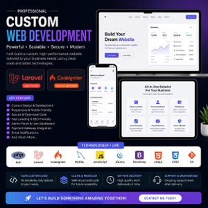 May include: A digital advertisement for custom web development services featuring a laptop, tablet, and smartphone displaying dashboard interfaces. The graphic includes text, lists of key features, and icons for technologies like PHP, Laravel, and MySQL.