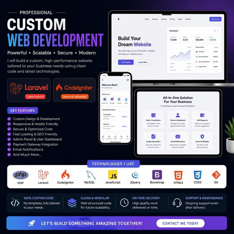May include: A digital advertisement for custom web development services featuring a laptop, tablet, and smartphone displaying dashboard interfaces. The graphic includes text, lists of key features, and icons for technologies like PHP, Laravel, and MySQL.