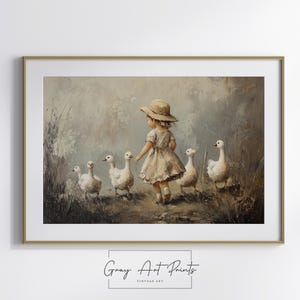 Girl with Ducks Printable Wall Art - Rustic Farm Scene Painting, Vintage Country Childhood Decor, Cottagecore Animal Artwork 286