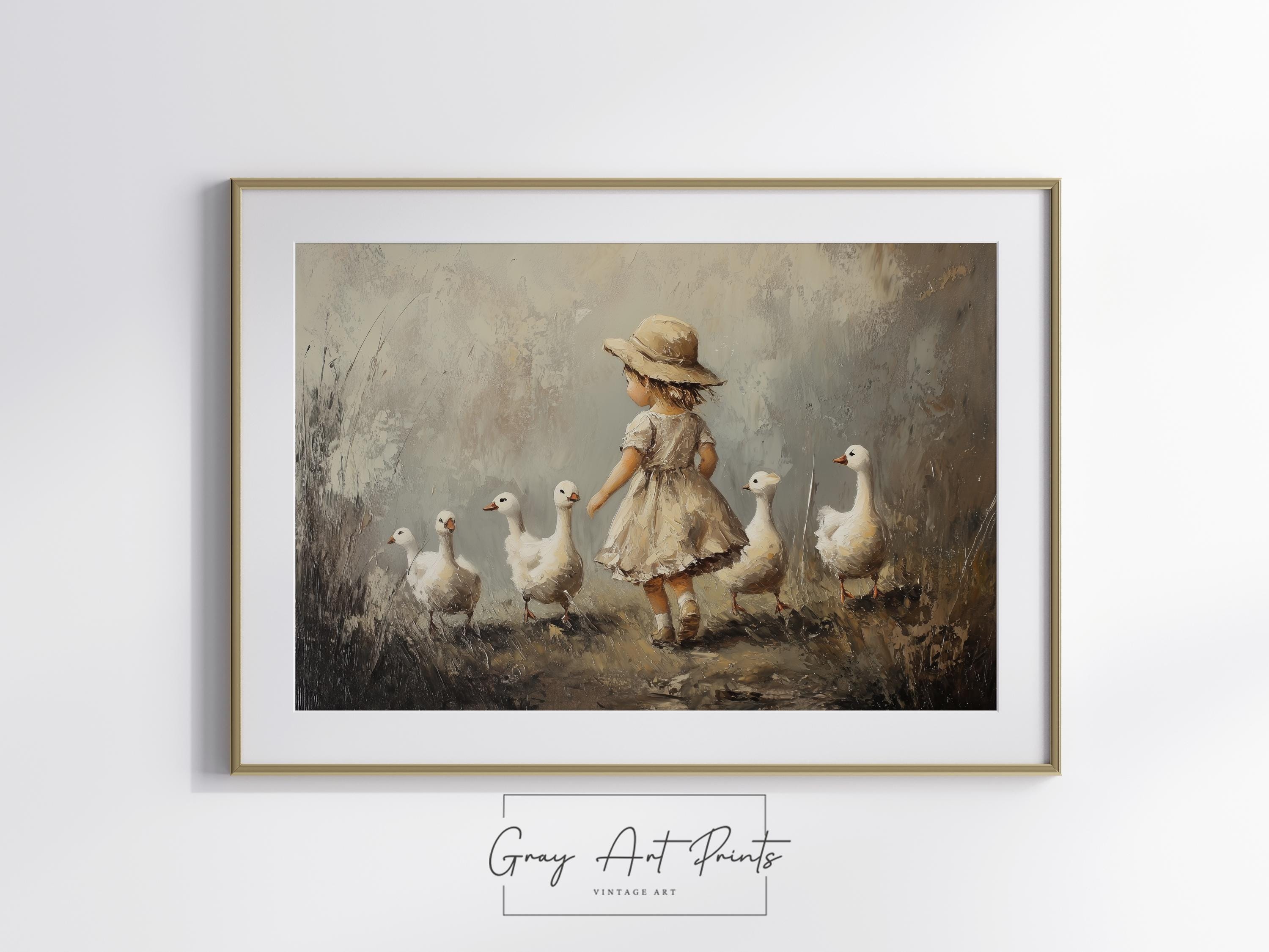 アヒルと少女のヴィンテージ絵画 – 素朴な農家のアート（デジタル