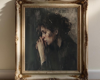 Vintage Digital Oil Painting - Woman in Thought, Elegant Portrait Art, Classic Female Wall Art