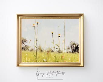 Vintage Wildflower Meadow Print – Pale Yellow Rustic Landscape (Digital Download)