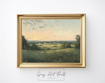 Impression de coucher de soleil sur des champs vallonnés – paysage de campagne vintage (téléchargement numérique)
