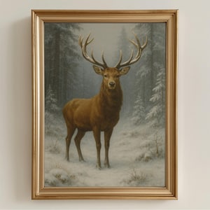 Winter Deer in Snowy Forest - Vintage Animal Wall Art, Rustic Winter Landscape Print, Woodland Cottagecore Decor, Digital Download 298