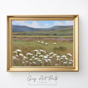 Open Meadow with Wildflowers Art - Rustic Landscape Oil Painting, Printable Wall Decor, Cottagecore Country Scene, Summer Fields 24