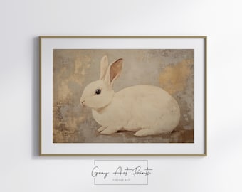 May include: A white rabbit with pink ears sits on a textured brown background. The rabbit is looking to the left of the image.