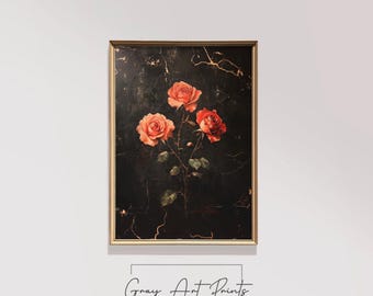 Dark Floral Rose Painting – Vintage Botanical Gothic Art (Digital Download)