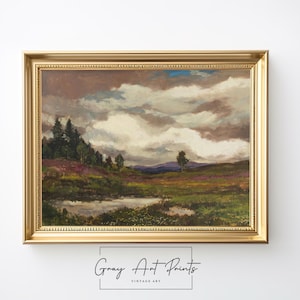 Moody Countryside Storm Landscape Printable - Rustic Sky and Field Painting, Earthy Wall Art, Cottagecore Stormy Weather Decor 321
