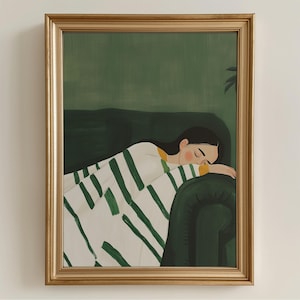 Peaceful Girl Sleeping Art Print - Cozy Blanket Couch Scene, Minimalist Green Illustration, Calm Modern Rest Decor 210