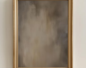 May include: A framed abstract painting with a muted brown and gray color scheme. The painting has a textured, brushstroke effect and is framed in a gold-colored frame.